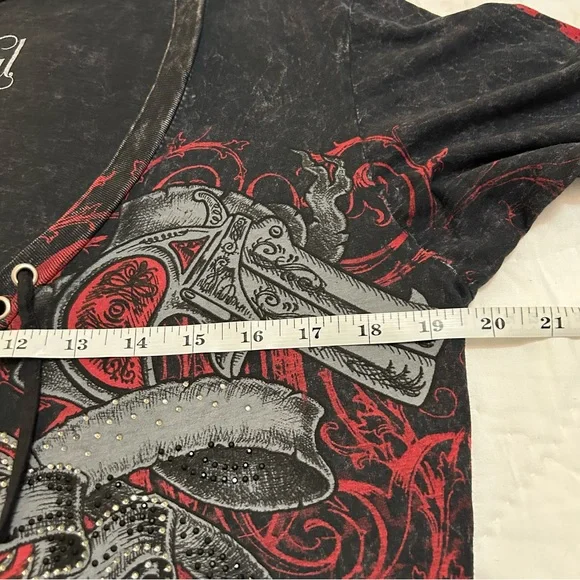 Sinful by Affliction Rhinestone Graphic Tee Shirt top Lace-Up XL USA McBling Y2K - Picture 6 of 7